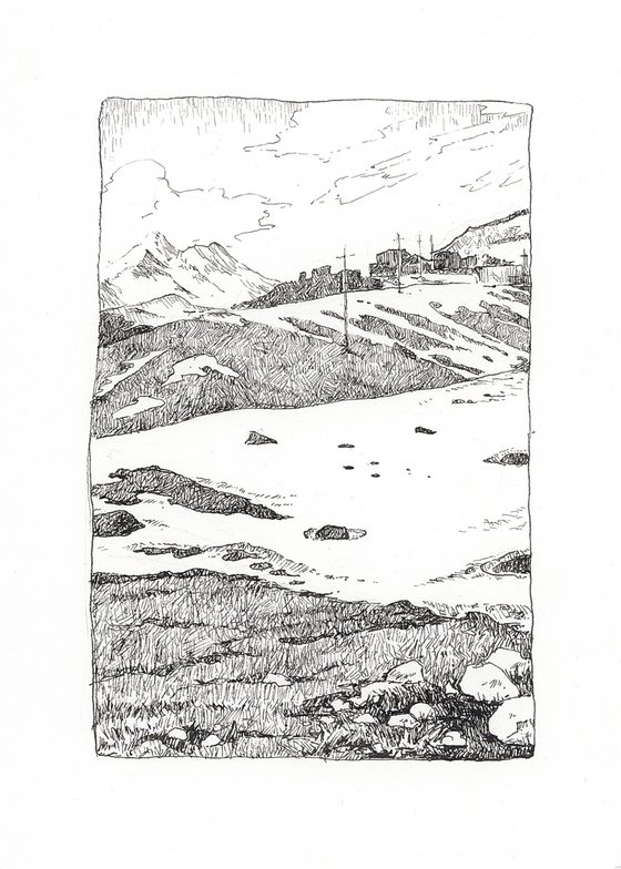Caucasus mountains. Little landscape drawing. Ink landscape art