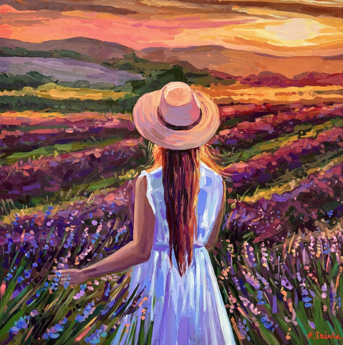 Impressionistic Landscape Acrylic Painting By Adriana Dziuba, 20 X 20, Lavender Fields Of Valensole, Original Artwork