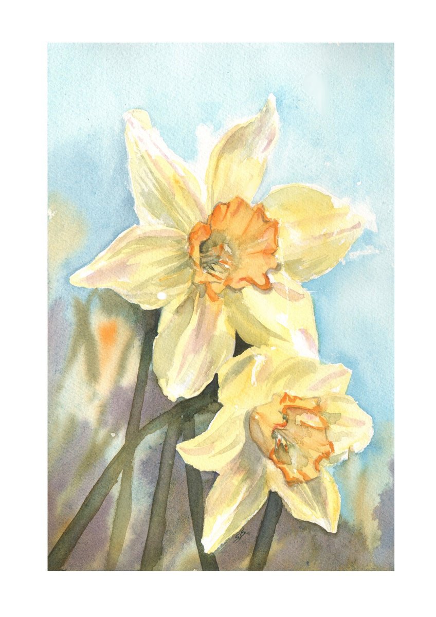 Impressionistic Botanical Watercolour By Sarah Stowe, 8 X 11", Daffodil Day, Original Artwork