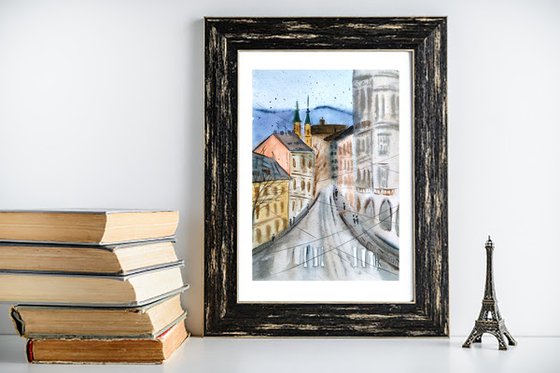 Lviv Painting Cityscape Original Art Fall Small Watercolor Autumn Artwork Home Wall Art 8 by 12" by Halyna Kirichenko