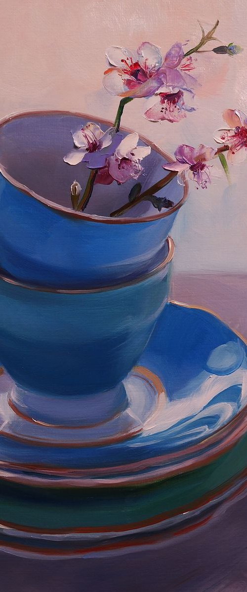 "Still Life with Cups and Flowering Branch" by Lena Vylusk