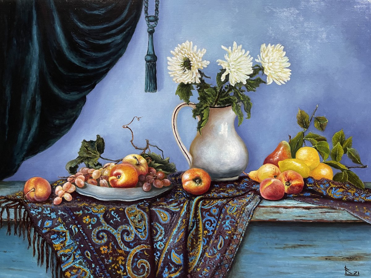 Impressionistic Still Life Oil Painting By Oleg Baulin, 31 X 24", Still Life With A Scarf, Original Artwork