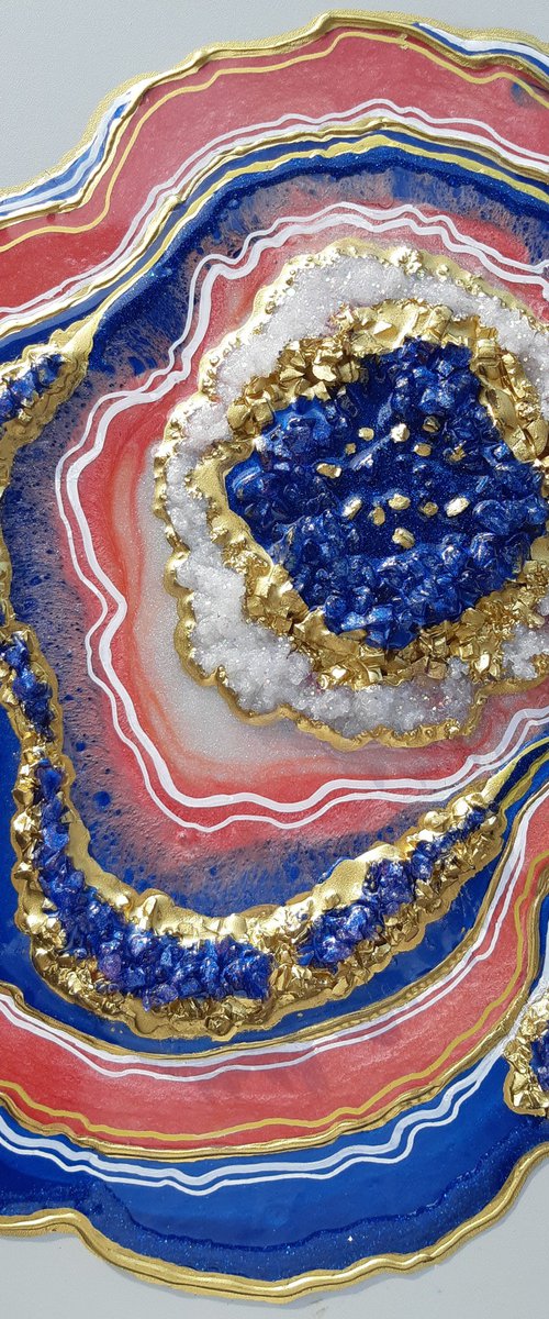 Agate geode  Gold, Coral ,Sapphire by Alexandra Dobreikin