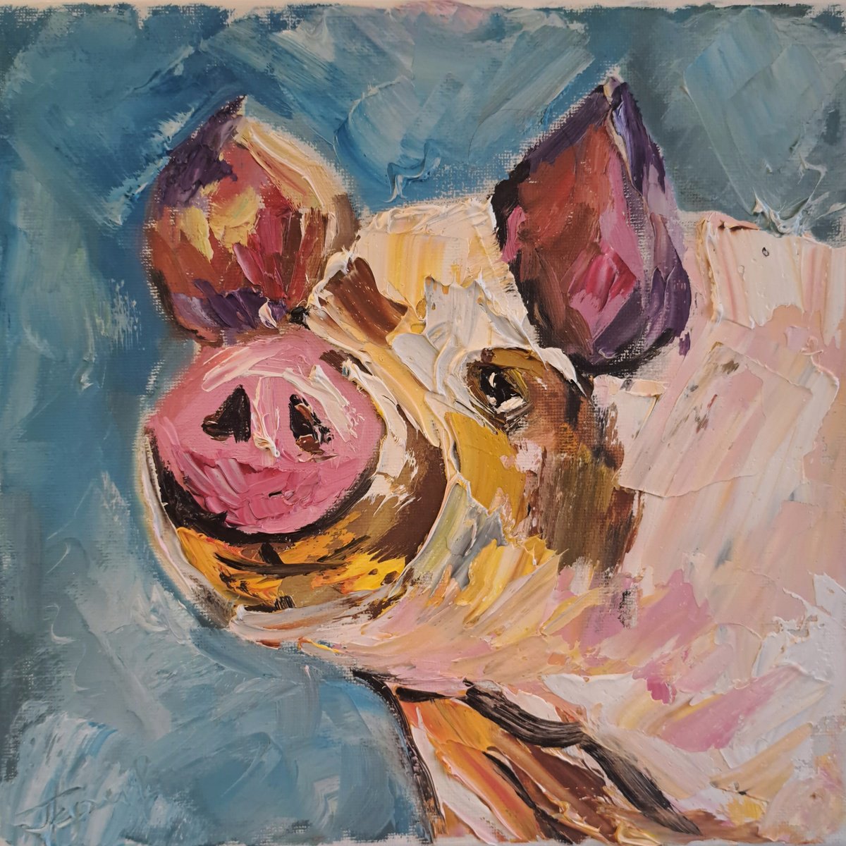 Impressionistic Animal Oil Painting By Oksana Fedorova, 10 X 10", Domestic Piglet, Original Artwork