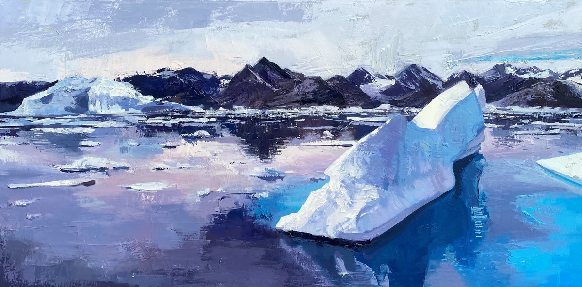 Expressive Landscape Oil Painting By Andrew Newton, 39 X 20, Greenland Icebergs, Original Artwork
