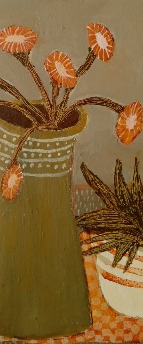 Green Jug... Orange Flowers by Fiona Philipps