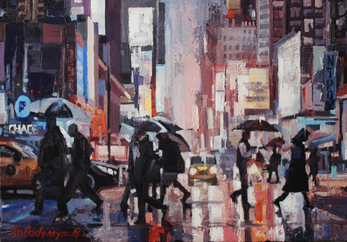 Abstract Cityscapes Oil Painting By Volodymyr Melnychuk, 20 X 14", Evening City, Original Artwork