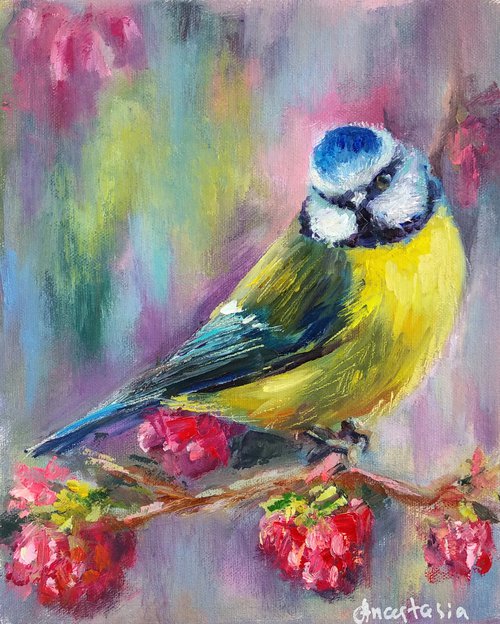 Garden Birds Chickadee on raspberry Nature Painting Kids room decor Wildlife by Anastasia Art Line