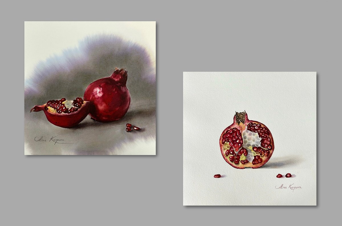 Photorealistic Still Life Watercolour By Alina Karpova, 10 X 10, Pomegranate Diptych, Original Artwork