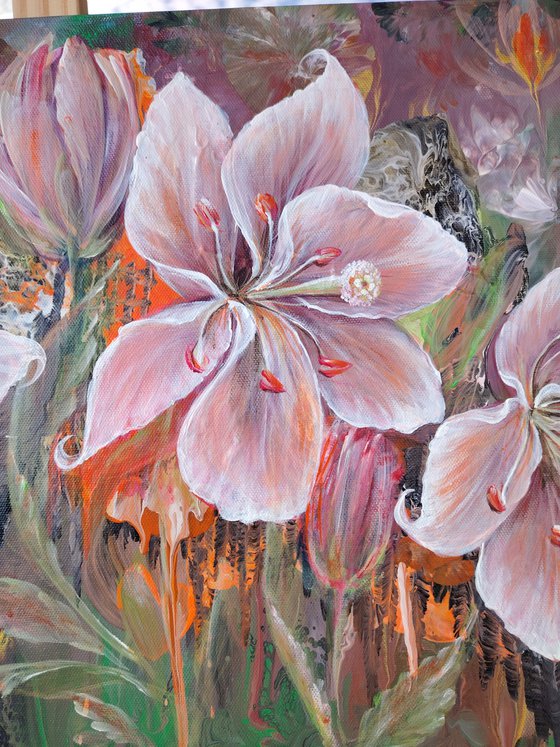 Author's painting "Radiant Lilies". Diptych.