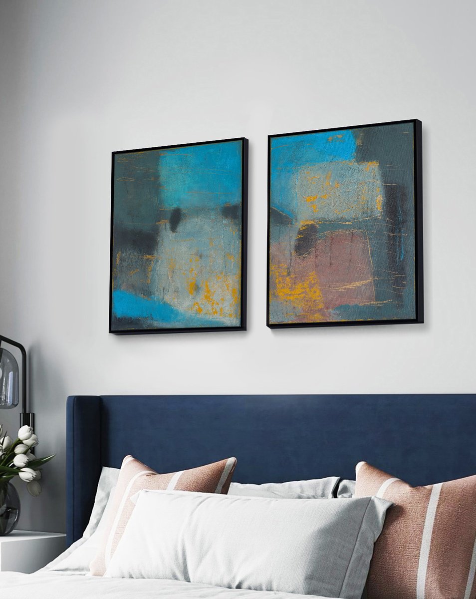 Abstract Acrylic Painting By Bo Kravchenko, 42 X 25, Ash-Bluish Abstract Diptych, Original Artwork