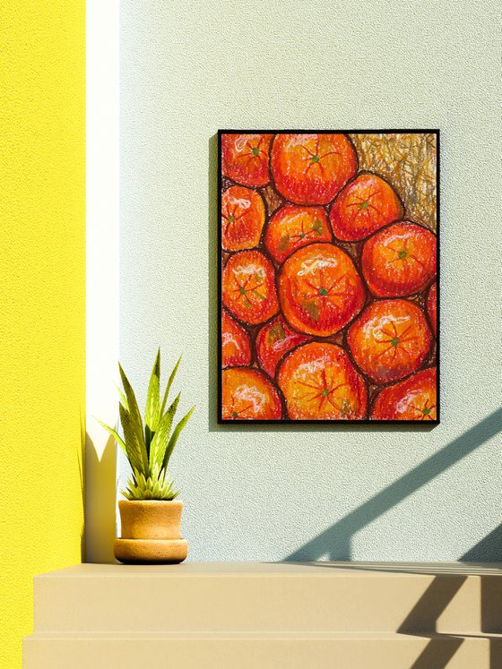 Oranges Original Oil Pastel Painting, Orange Fruits Drawing, Kitchen Wall Art, Housewarming Gift