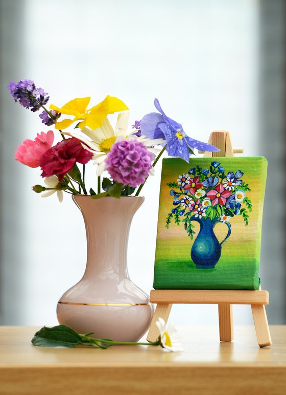 colourfulmflowers in blue vase, original acrylic miniature painting, still life