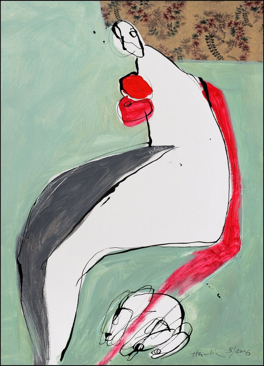 Portrait Acrylic Painting By Jiri Havlik, 14 X 20, Sitting Eva, Original Artwork