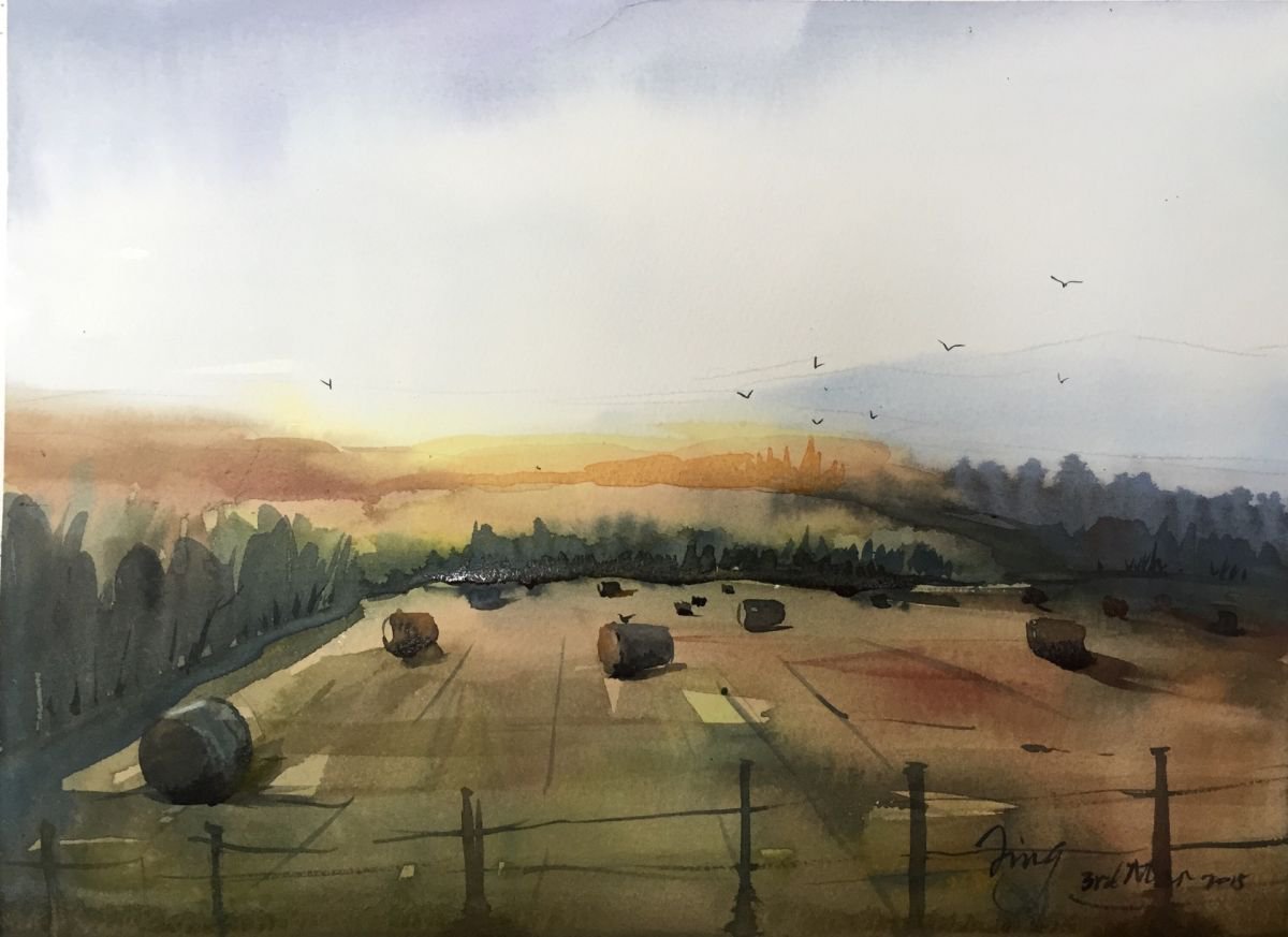 Hay rolls Watercolour by Jing Chen | Artfinder