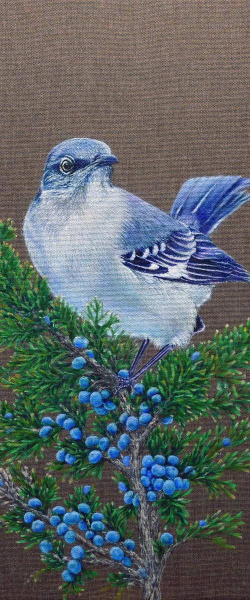 BIRD. THE BLUE BIRD ON A JUNIPER BRANCH. by Anastasia Woron