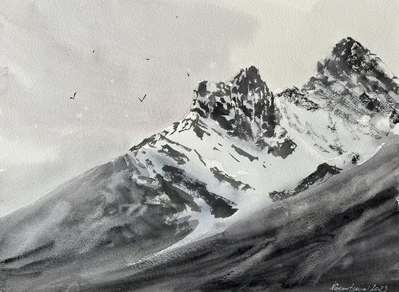 Original Watercolour plein air painting, Three Sisters Mountain, Canmore