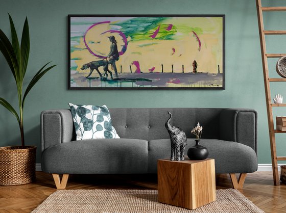 XL Big bright painting - "Green street" - Urban Art - Street - City - Dog - Girl with dog