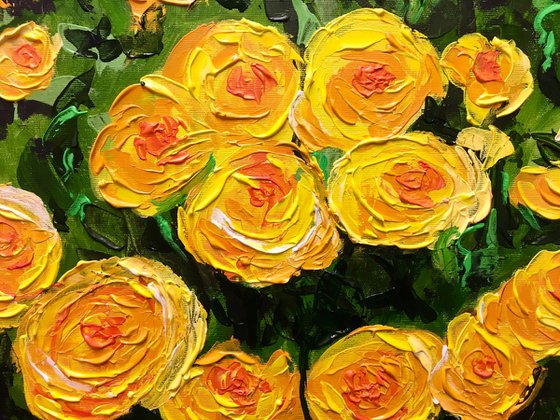 FIELD OF YELLOW, ORANGE, WHITE  ROSES  palette knife modern decor MEADOW OF FlOWERS, LANDSCAPE,  office home decor gift