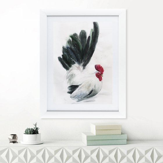 Watercolor painting Bird Cock