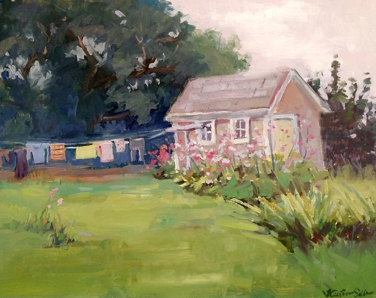 Impressionistic Landscape Oil Painting By Kristina Sellers, 18 X 14", Airing My Laundry, Original Artwork