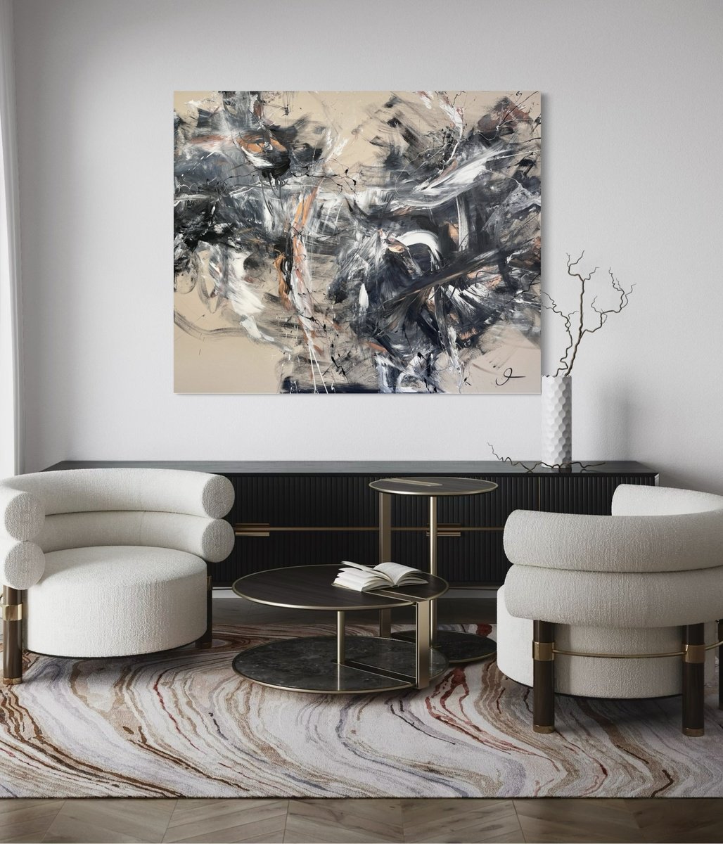 Expressive Abstract Acrylic Painting By Maria Bevilacqua-Fischer, 67 X 55", The Silence Behind The Chaos, Original Artwork
