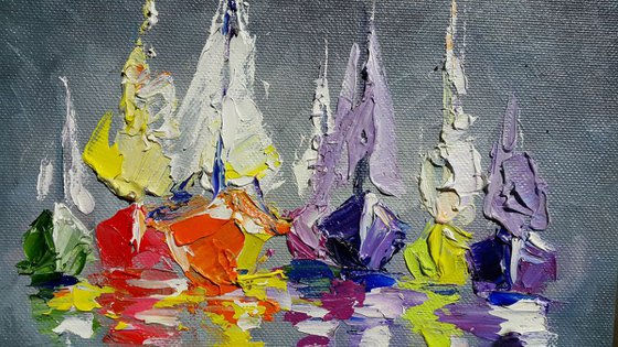 Quiet harbor. Oil painting landscape yacht original painting sea with yachts modern painting Impressionism made by palette knife