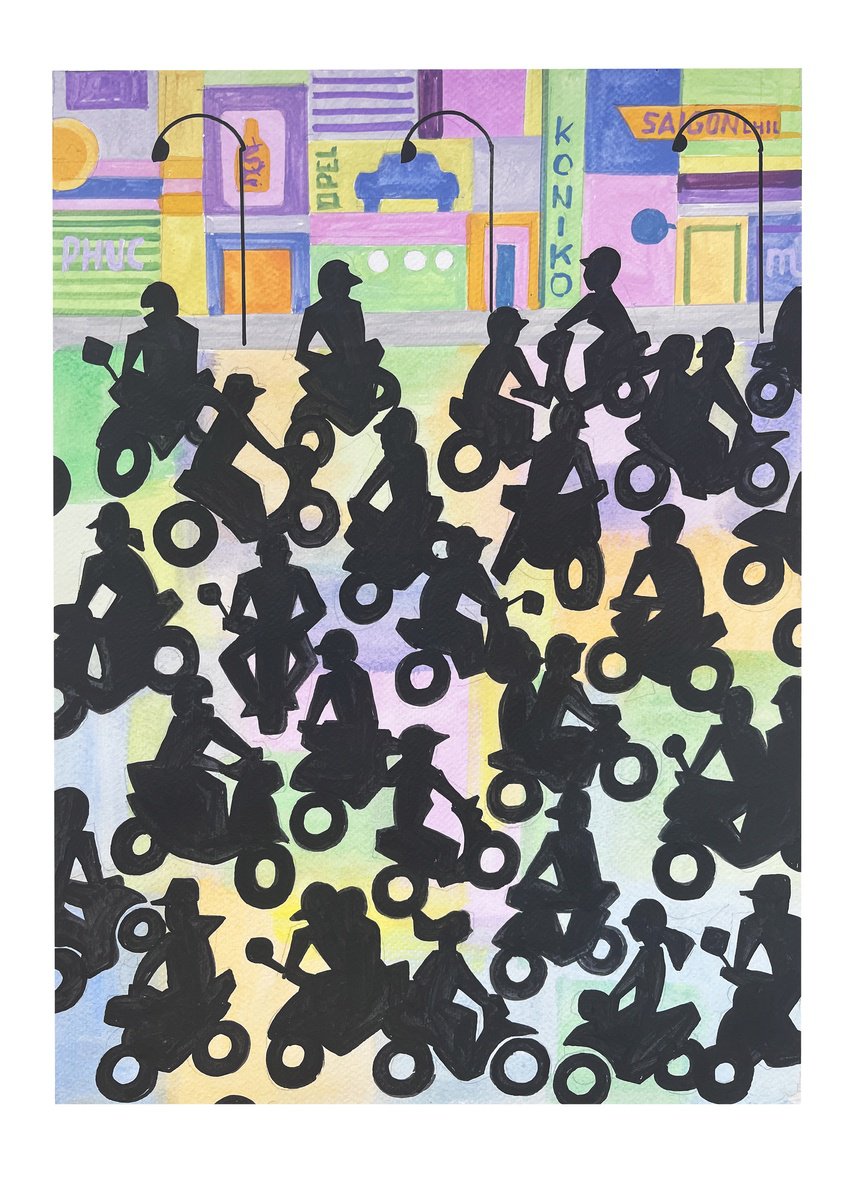 Urban And Pop Cityscapes Acrylic Painting By Andre Baldet, 13 X 18, Vietnam_Scooters-01, Original Artwork