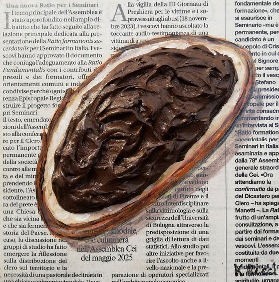 "Oval Toast with Chocolate Cream" Original Acrylic on Wooden Board Painting on Newspaper 6 by 6 inches (15x15 cm)