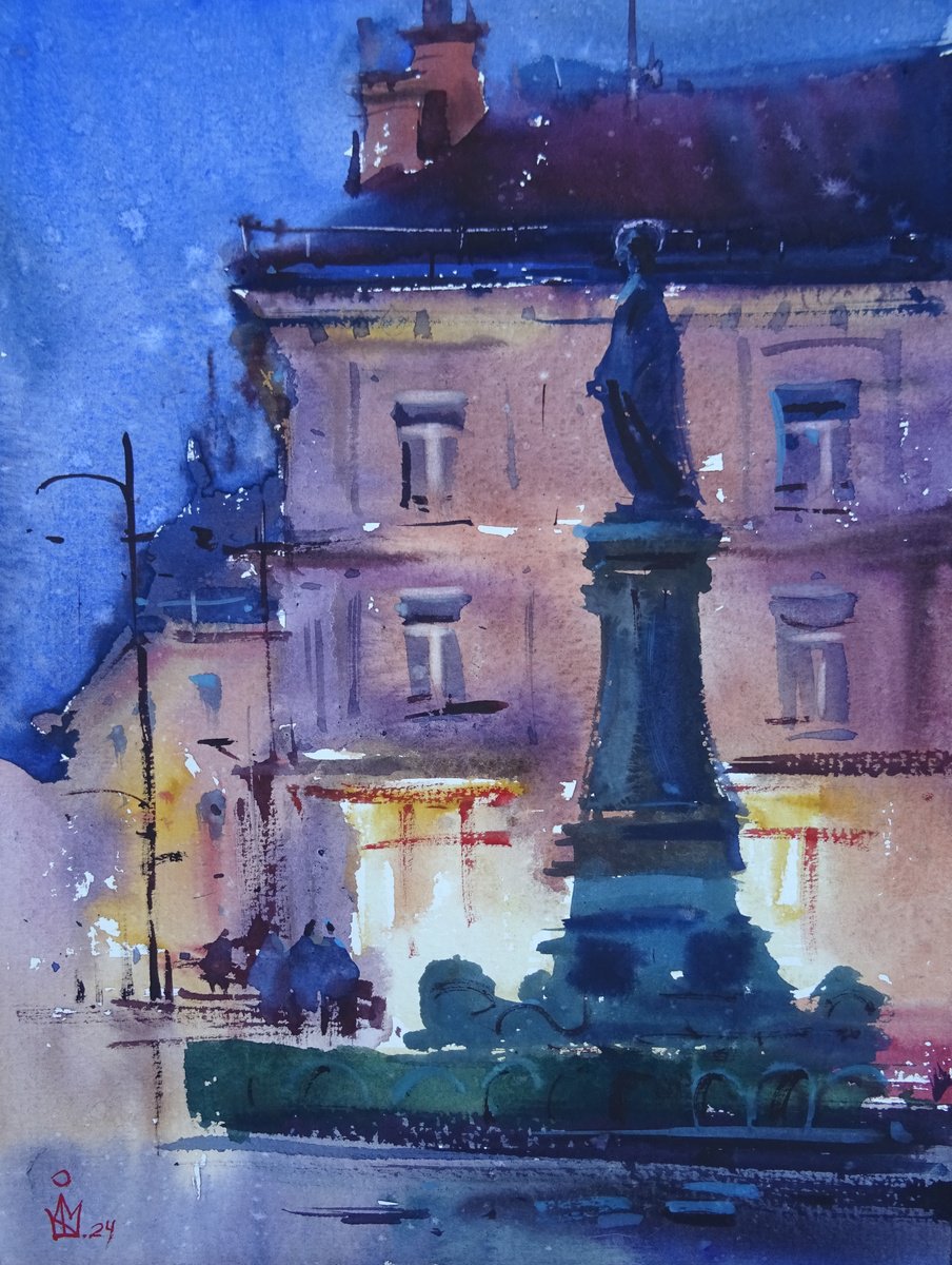 Impressionistic Cityscapes Watercolour By Maksym Kisilov, 9 X 13", "Evening", Original Artwork