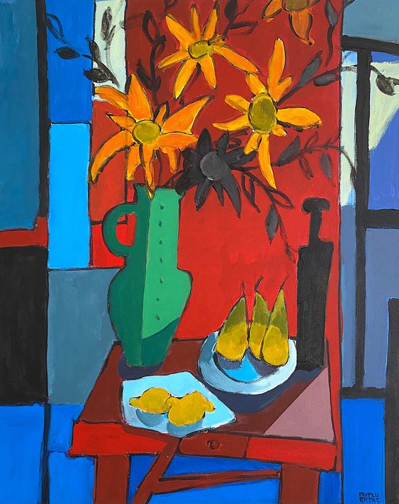 Green Vase on Red Table with Fruits.