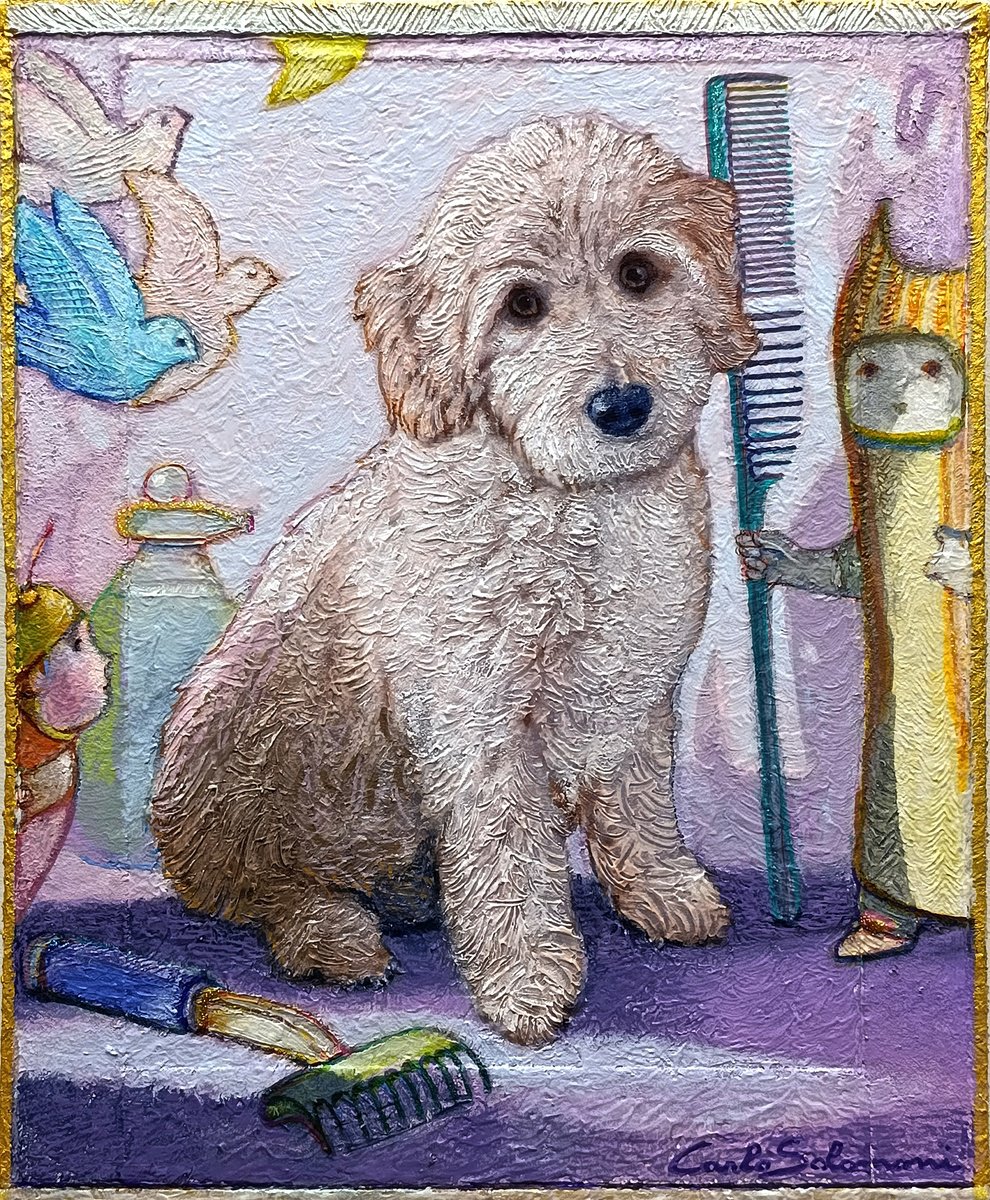 Surrealistic Animal Acrylic Painting By Carlo Salomoni, 10 X 12, At The Groomer, Original Artwork