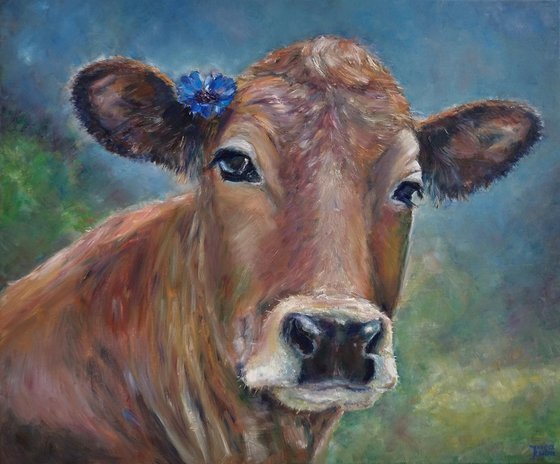 A Cow With A Cornflower Behind Its Ear