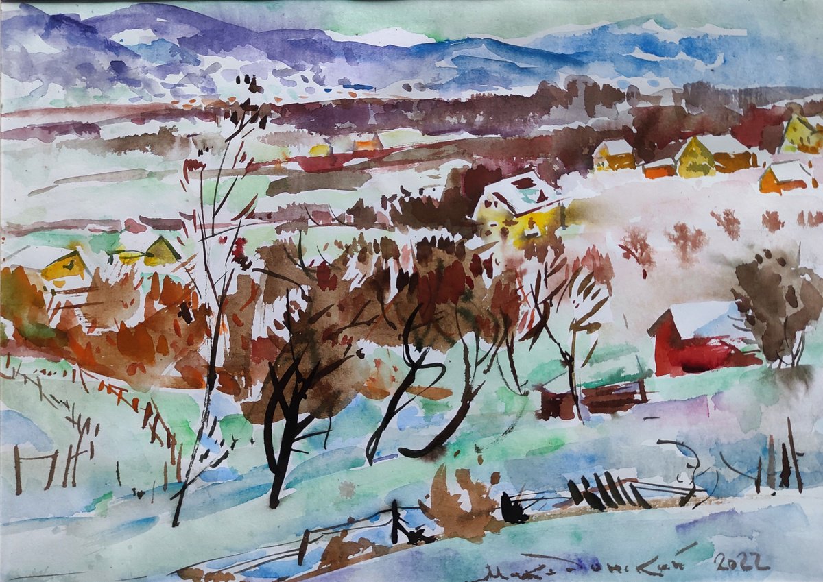 Impressionistic Landscape Watercolour By Pavlo Makedonskyi, 17 X 13", Winter In The Carpathians, Original Artwork