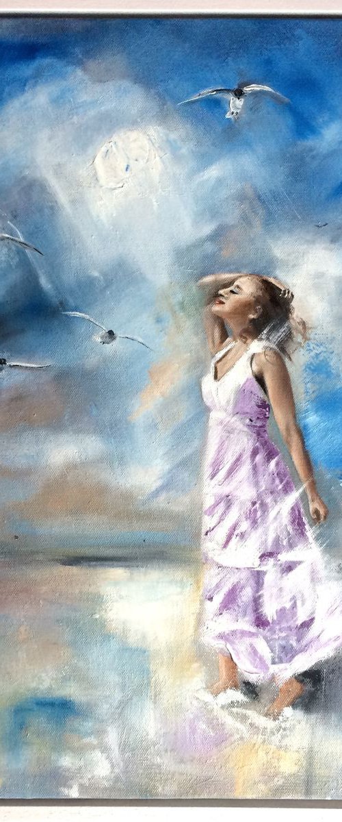 Happy Girl in the rays of the Sun. Painting in the Frame by Ira Whittaker