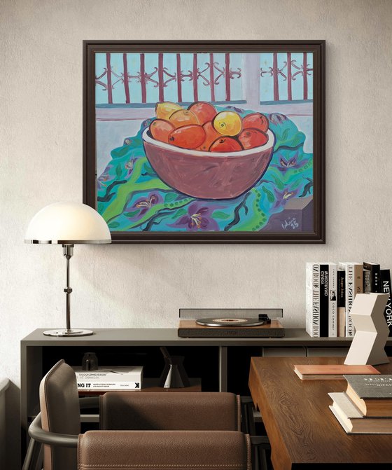 Still life with oranges and lemons.