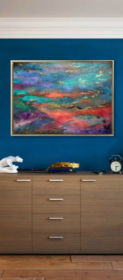 Fire on the Hills - red, blue, teal and gold abstract by Lisa Mann