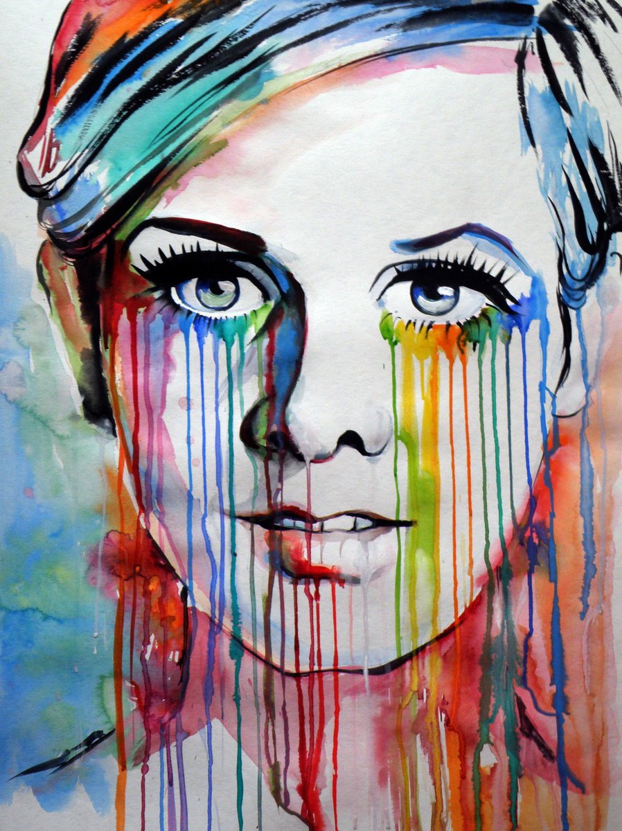 Expressive Portrait Watercolour By Kovacs Anna Brigitta, 30 X 22", Twiggy Iii, Original Artwork