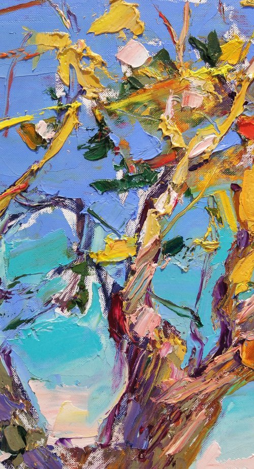 Branches in sunlight on blue sky . Etude sunset . Original oil painting by Helen Shukina