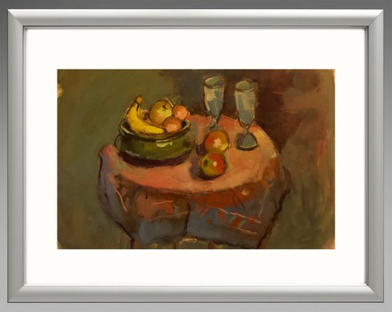 Fruit and Glasses on Round Table