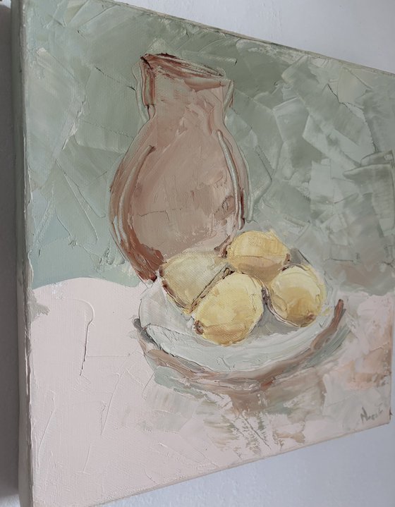 Still life fruits palette knife lemons carafe