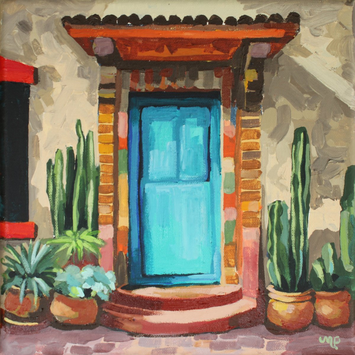 Impressionistic Botanical Acrylic Painting By Melinda Patrick, 10 X 10", Blue Door, Original Artwork