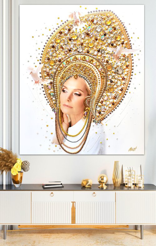 Custom portrait from a photo Queen. Art commission. Large painting, mixed media photo collage with precious stones, rhinestones by BAST