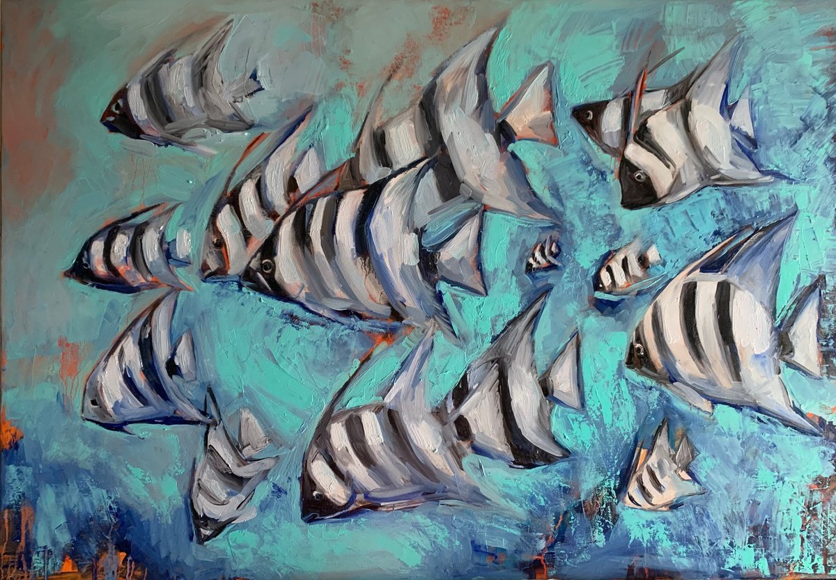 Impressionistic Animal Oil Painting By Olga Pascari, 39 X 28", Angels Fish, Original Artwork