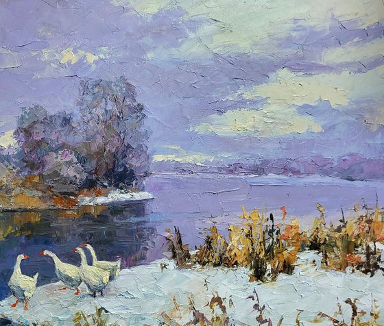 Geese On A Pond In Winter