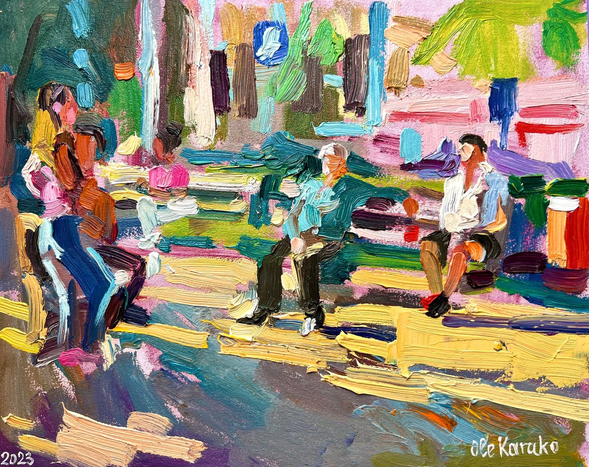 Impressionistic Landscape Oil Painting By Ole Karako, 12 X 9", People In City Park, Original Artwork