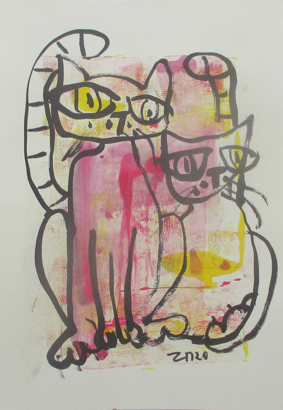 two crazy cats 8,2 x 11,4 inch unique mixedmedia drawing