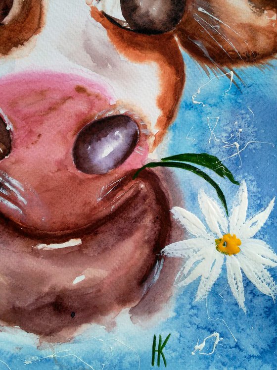 Cow Painting Daisy Original Art Animal Watercolor Floral Artwork Chamomile Home Wall Art 10 by 14" by Halyna Kirichenko