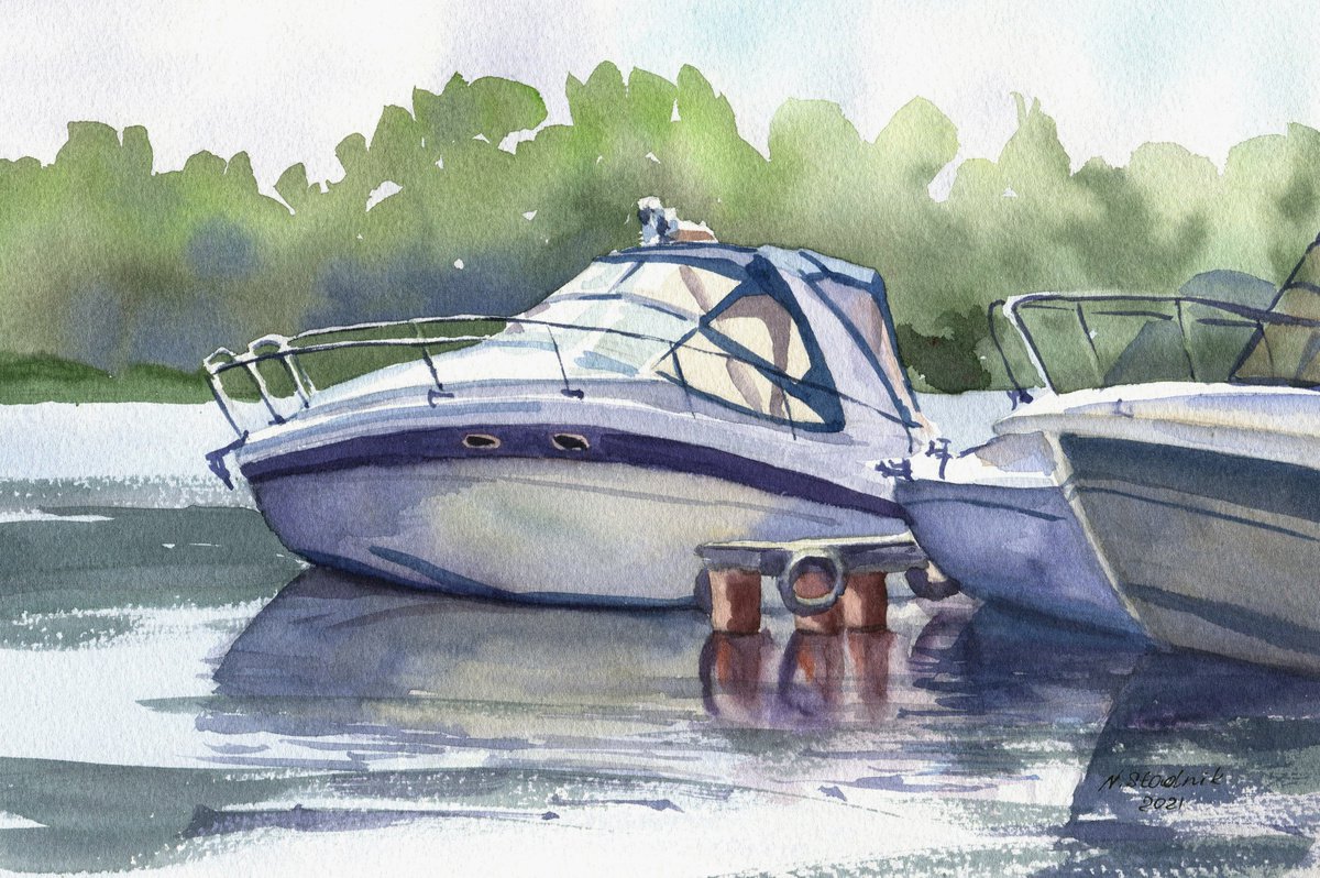 Ukrainian watercolour. Boats on the Dnipro River by Nina Zakharova