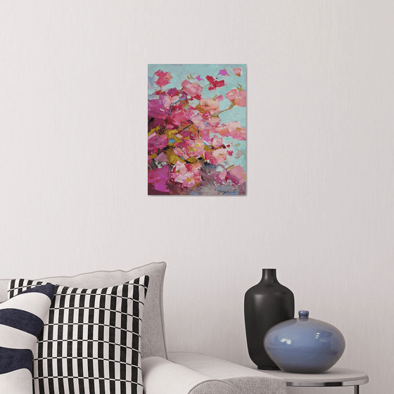 Moments of beauty. Sakura . Blossoming branches on a turquoise Original oil painting